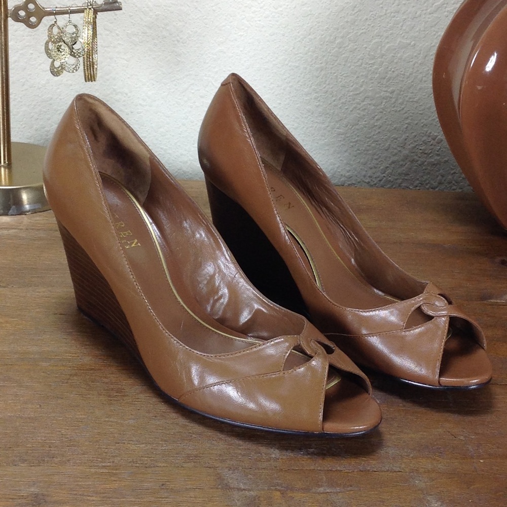 Ralph Lauren Brown Leather Peep Toe Wedges